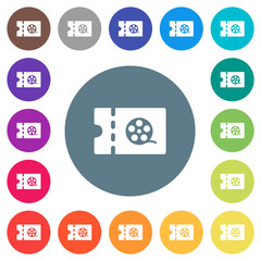 Movie discount coupon flat white icons on round color backgrounds