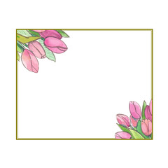 Blank green frame decorated  with bunches of spring flowers. Template illustration painted in watercolor on clean white background