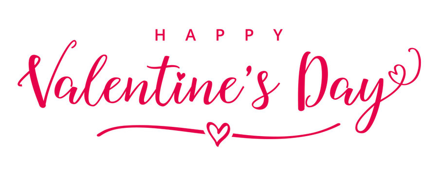 Valentines Day elegant calligraphy banner. Valentine greeting card template with typography text happy valentine`s day and white heart in line on background. Vector illustration
