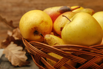 Fresh raw organic pears and apples in a basket on rustic wooden table. Close-up.