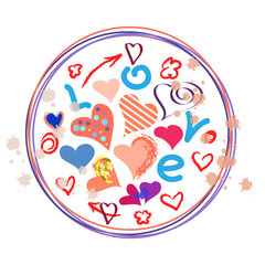 Hand-drawn vector greeting card with hearts and inscription Love. Holiday background in doodle style. For Valentine's Day and wedding invitations.