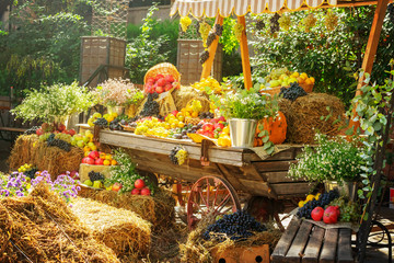 Seasonal agricultural market goods display. Colorful fruits and vegetables for autumn decorations at the agriculture fair. - Image
