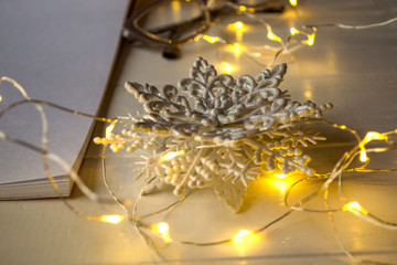 Christmas decorations on the table, close up.