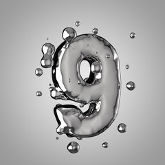 3D mercury number 9. 3D rendering liquid metal font with drops