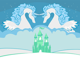 Beautiful unicorn and fairy-tale princess castle card © diavolessa