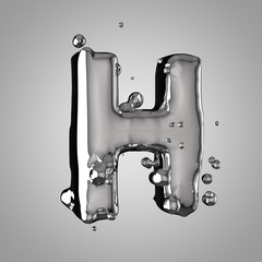 3D mercury letter H uppercase. 3D rendering liquid metal font with drops