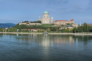 Fototapeta na wymiar View of the Esztergom Basilica at the Castle Hill from the opposite bank of Danube, Hungary. The Latin motto on the temple frieze reads: Seek those things which are above.
