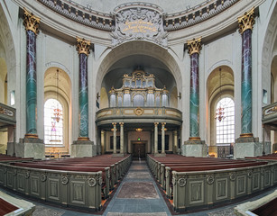 Panoramic view of interior of Hedvig Eleonora Church with main organ in Stockholm, Sweden. The church was completed in 1737 by architect Goran Josuae Adelcrantz. The organ was made in 1762.