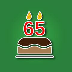 Birthday cake with a candle in the form of a number 65, in the form of a sticker with a shadow icon. Happy Birthday concept symbol design. Stock - Vector illustration can be used for web.