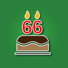 Birthday cake with a candle in the form of a number 66, in the form of a sticker with a shadow icon. Happy Birthday concept symbol design. Stock - Vector illustration can be used for web.
