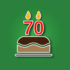 Birthday cake with a candle in the form of a number 70, in the form of a sticker with a shadow icon. Happy Birthday concept symbol design. Stock - Vector illustration can be used for web.