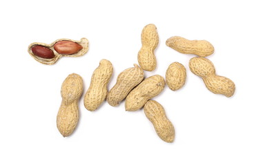Peanuts with shells isolated on white background, top view