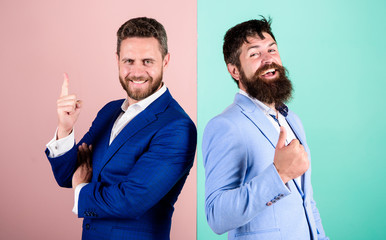 Business fashion luxury menswear. Formal outfit for manager. Business people fashion and formal style. Businessman stylish appearance jacket pink blue background. Business partners with bearded faces