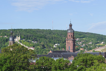 Naklejka premium Würzburg mit dem Käppele im Hintergrund und Neubaukirche im Vordergrund. umrahmt wird alles von Stadt und Wald.