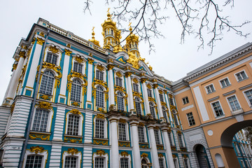 The Golden domes of Catherine's Palace on a winter day in Pushkin, Saint Petersburg, Russia.