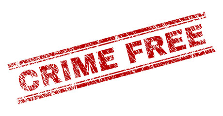 CRIME FREE seal stamp with distress texture. Red vector rubber print of CRIME FREE text with dirty texture. Text tag is placed between double parallel lines.