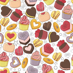 Seamless pattern of different desserts, cakes, candy and food for Valentines day. Romantic endless texture. Hand drawn. Vector illustration.