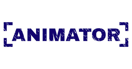 ANIMATOR text seal watermark with grunge texture. Text label is placed between corners. Blue vector rubber print of ANIMATOR with corroded texture.