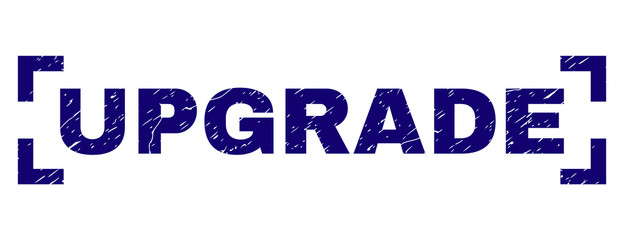 UPGRADE text seal print with grunge effect. Text label is placed inside corners. Blue vector rubber print of UPGRADE with grunge texture.