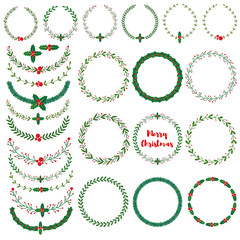 Set of New year, Christmas doodle hand drawn pattern brushes and wreath frames