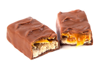 Chocolate bar with caramel isolated on white