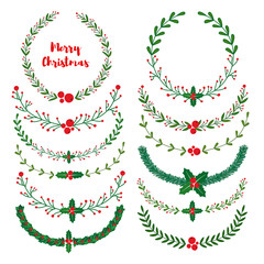 Set of New year, Christmas doodle hand drawn pattern brushes and wreath frames