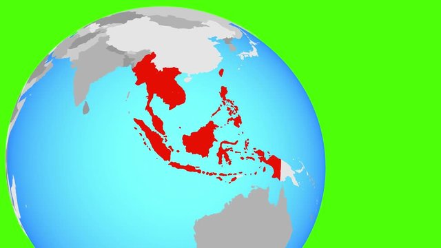 Closing in on ASEAN memeber states on simple blue political globe. 3D illustration.