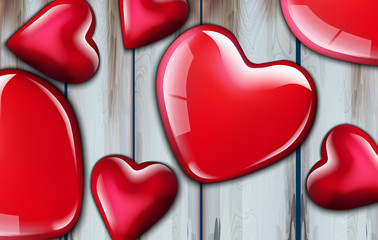 Red hearts realistic background Vector. Valentine day card. Romantic poster with shiny hearts on wooden background. Decor design template. 3d illustrations