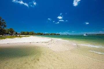 Tropical beach with trees on the east side of Bribie Island, Queensland, Australia