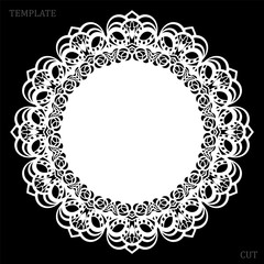 Lace round paper doily, lacy snowflake, greeting element, laser cut  template, doily to decorate the cake,  vector illustrations.
