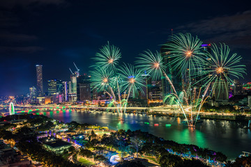 Aerial view of the South Bank fireworks during Christmas, Brisbane, Australia, 2018 - obrazy, fototapety, plakaty