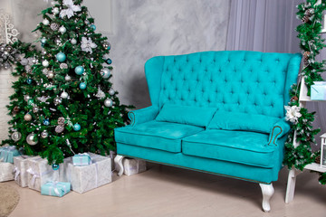 Blue sofa in a festive atmosphere