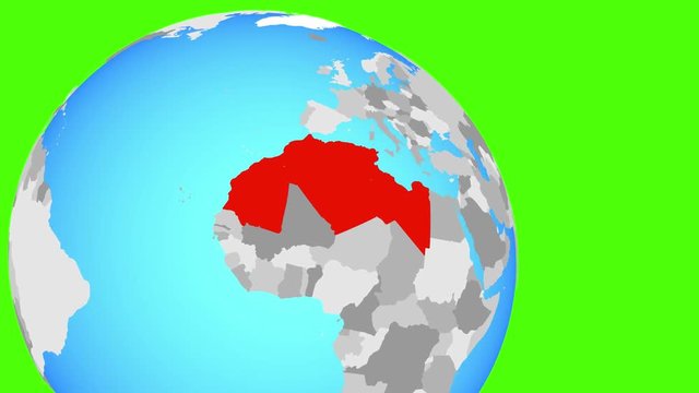 Closing in on Maghreb region on simple blue political globe. 3D illustration.