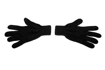 A pair of grey winter knitted gloves. Horizontally. On white background. The view from the top. Isolated.