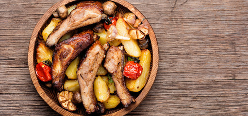 Pan-fried pork ribs and potatoes.American food.Bbq meat,