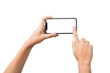 Female hands taking photo on smartphone with blank screen - obrazy, fototapety, plakaty