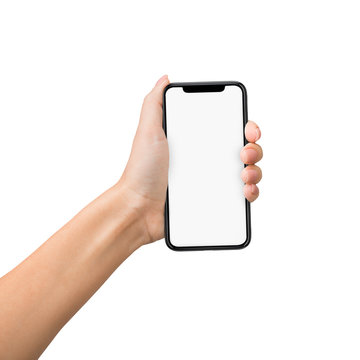 Hand Grab Mobile Phone Isolated On White Background