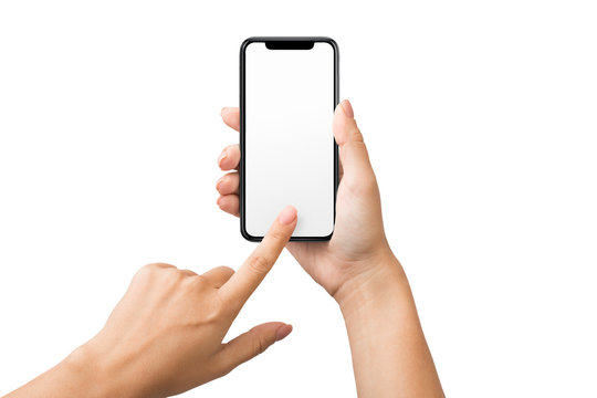 Female hand using blank touchscreen of smartphone