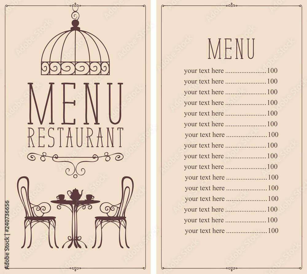 Poster vector menu for restaurant or cafe with a price list and a table for two, chairs and tea in a figure
