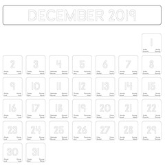 Detailed daily calendar of the month of December 2019