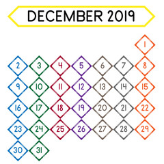 Detailed daily calendar of the month of December 2019