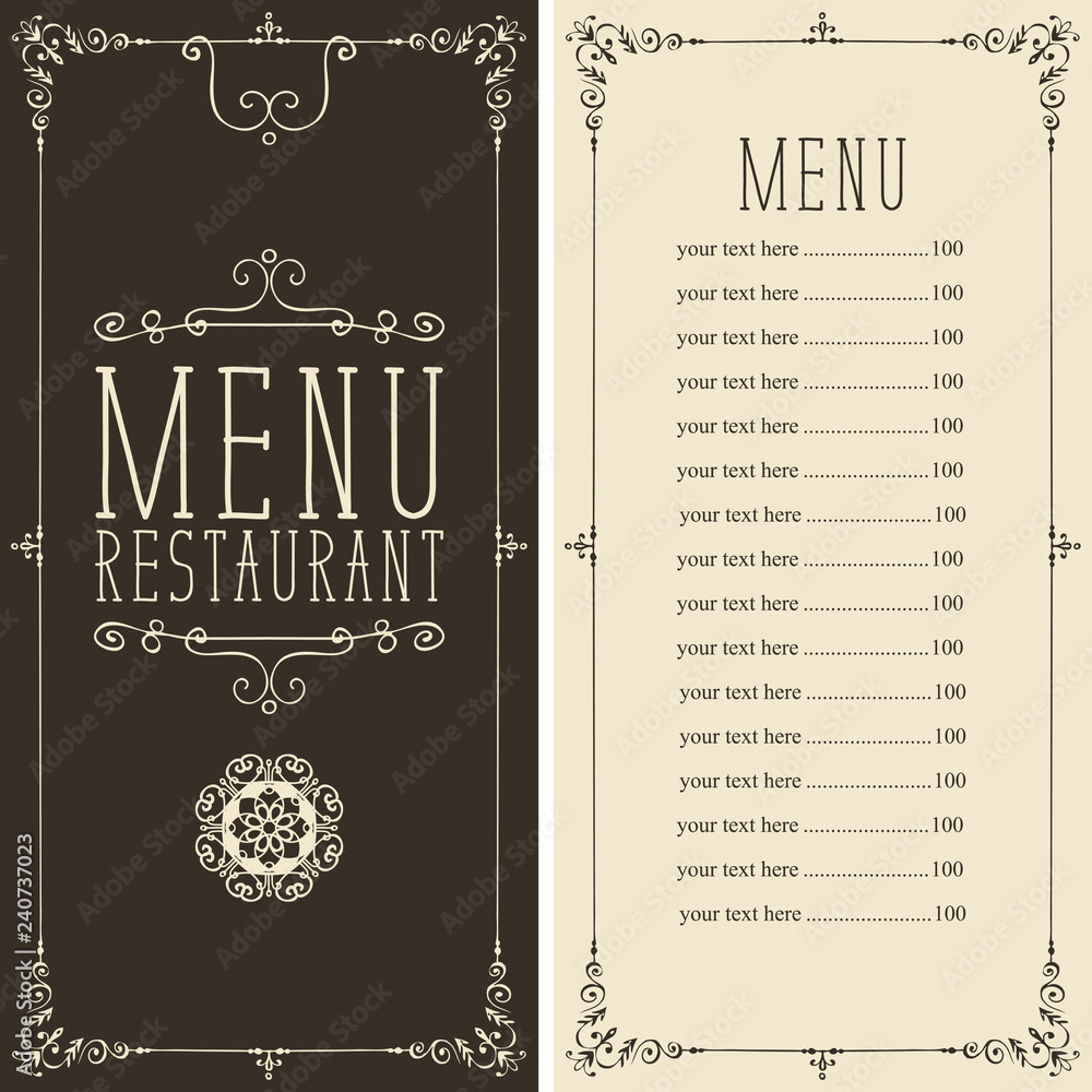 Poster vector menu for restaurant or cafe with curlicues and price list in figured frame in retro style