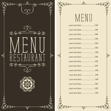 Vector menu for restaurant or cafe with curlicues and price list in figured frame in retro style