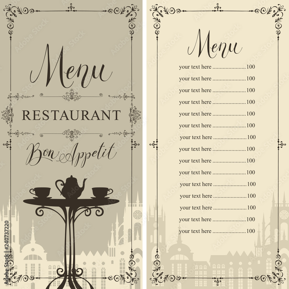 Poster menu for a cafe or restaurant with a price list in a frame with curls in retro style. vector illustr