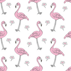 Fototapeta premium Computer graphic seamless pattern illustration with pink exotic flamingo birds and hearts on white background