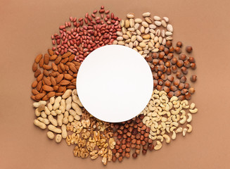 Different types of nuts in circle with copy space