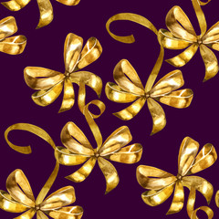 Seamless watercolor pattern with bow. Watercolor illustration with gold plants. The background is used for cards, t-shirts, bags, tag.