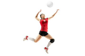 Female professional volleyball player isolated on white with ball. The athlete, exercise, action,...