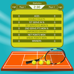 Tennis match statistics broadcast background. Vector illustration