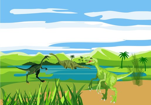 Dinosaurs  at prehistoric scene,ancient river, prehistoric life on earth  ancient fauna, vector illustration
